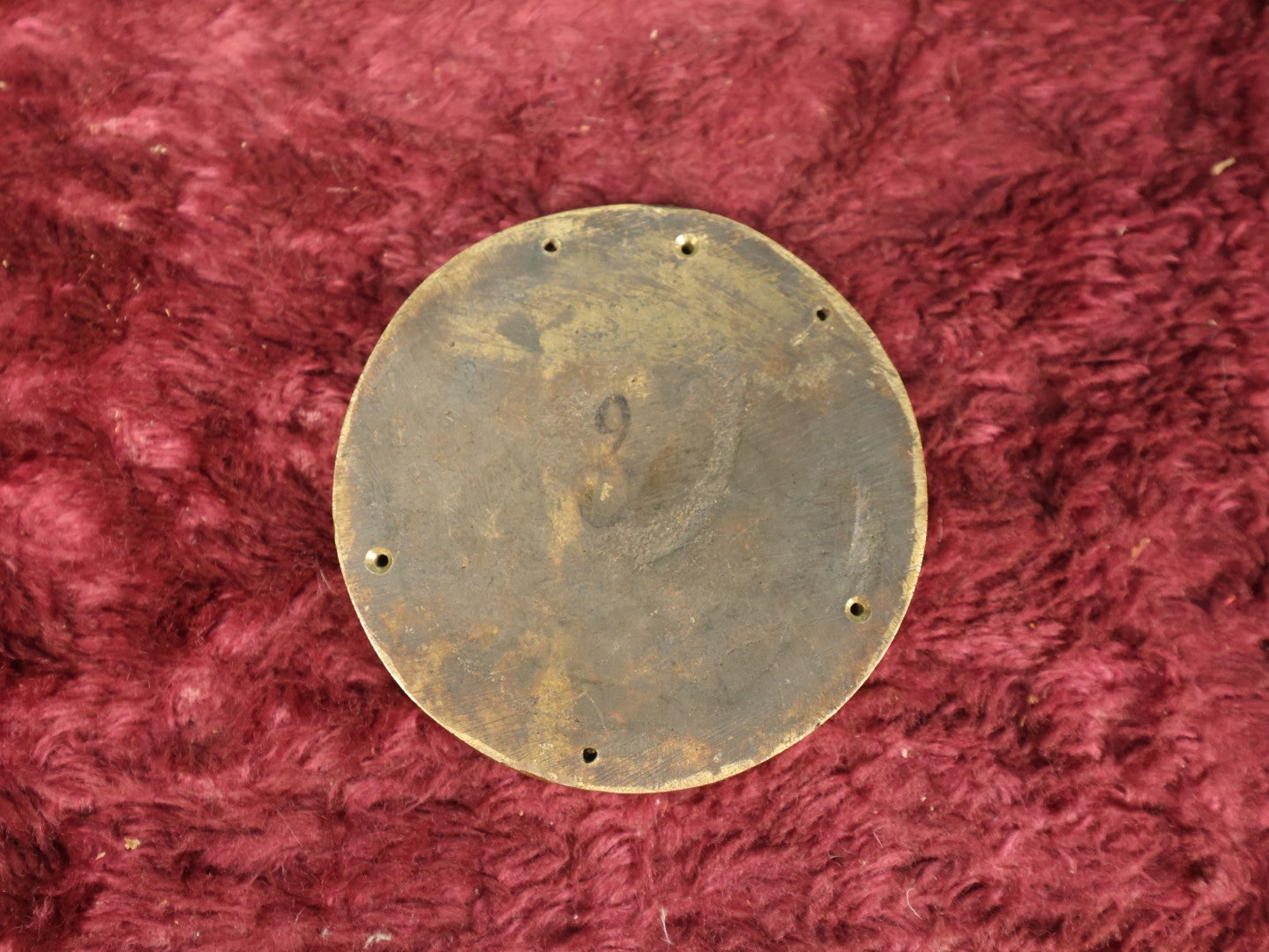 Lot 105 - Antique Heavy Cast Metal Circle Plaque With Woman's Face, Scaled Hair Design, Three Mounting Holes