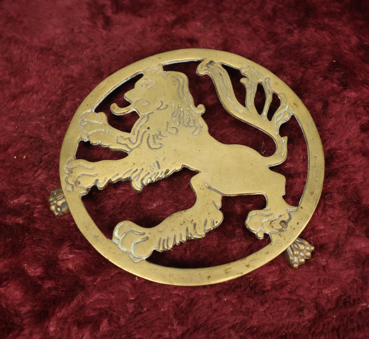 Lot 106 - Vintage Brass Engraved Lion Trivet With Claw Feet