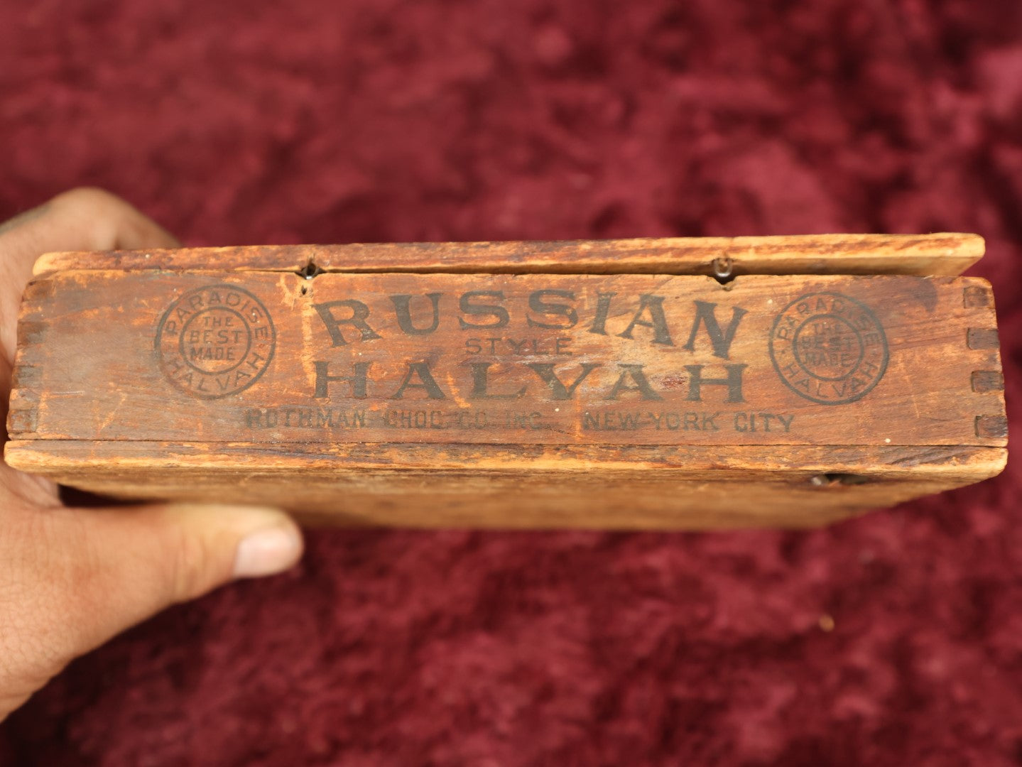 Lot 113 - Antique Russian Style Halvah Wooden 1Lb Net Wood Box, Paradise Halvah, The Best Made, Rothman Chocolate Company Inc., New York City