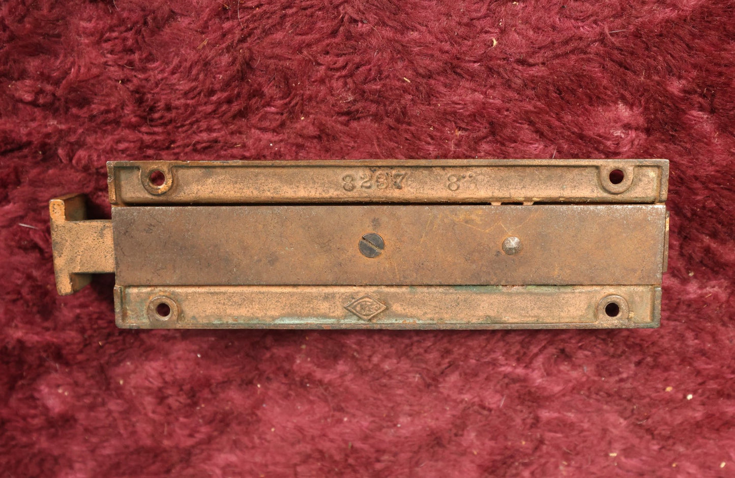 Lot 115 - Antique 8" Spring Loaded Lock Latch, Operates Well, Latches, Button Releases Deadbolt Back, Marked 8237, Maker's Mark