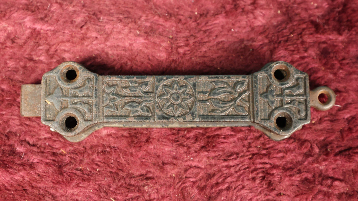 Lot 116 - Antique Cast Iron Lock Latch For Door With Pull Mechanism, Black Paint, Ornate Design