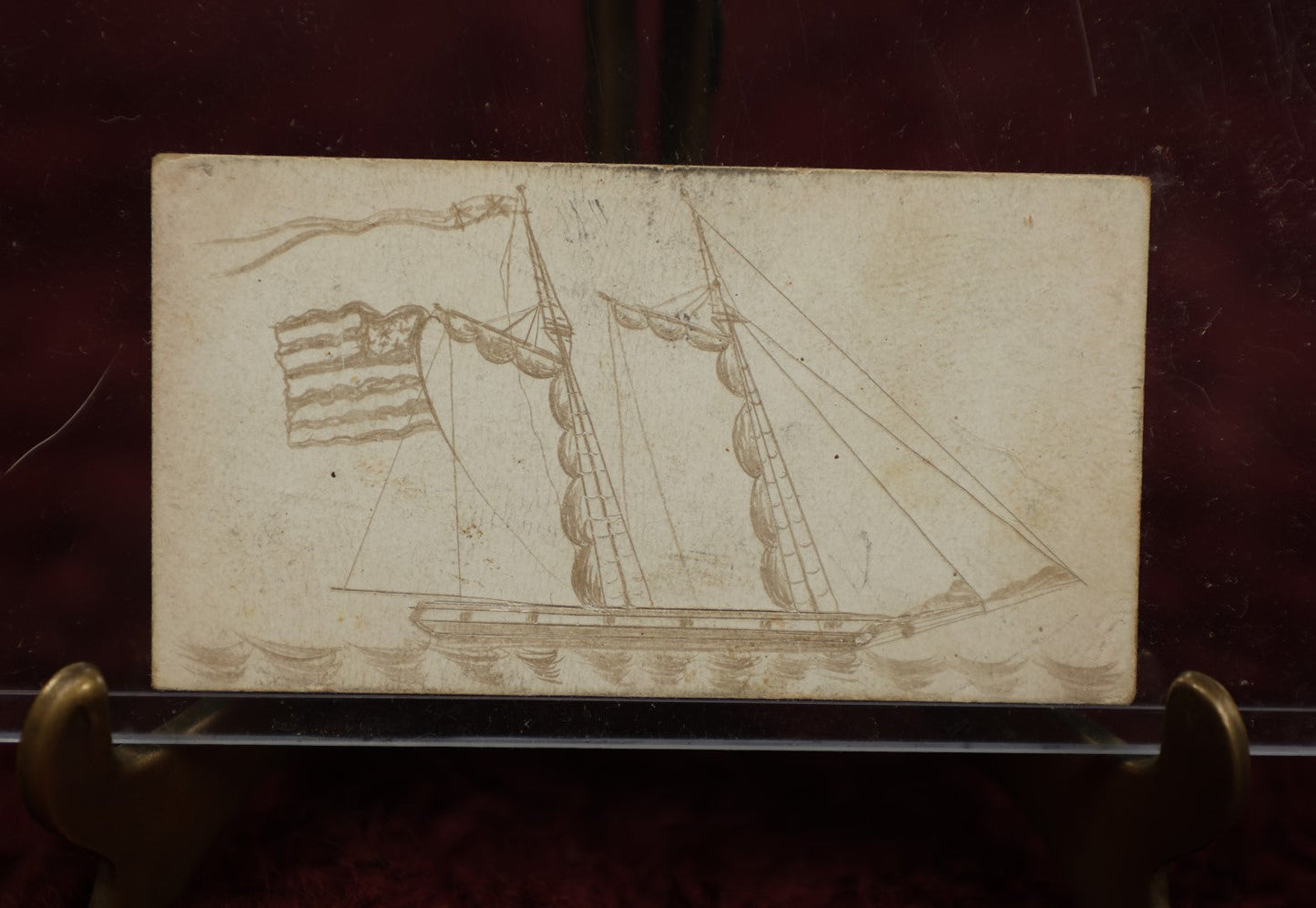 Lot 119 - Clipper Ship With American Flag Circa 1840 Miniature Pencil Drawing, Signed John Kent, With Middle Initial, Franklin, New Hampshire (Facing Right)