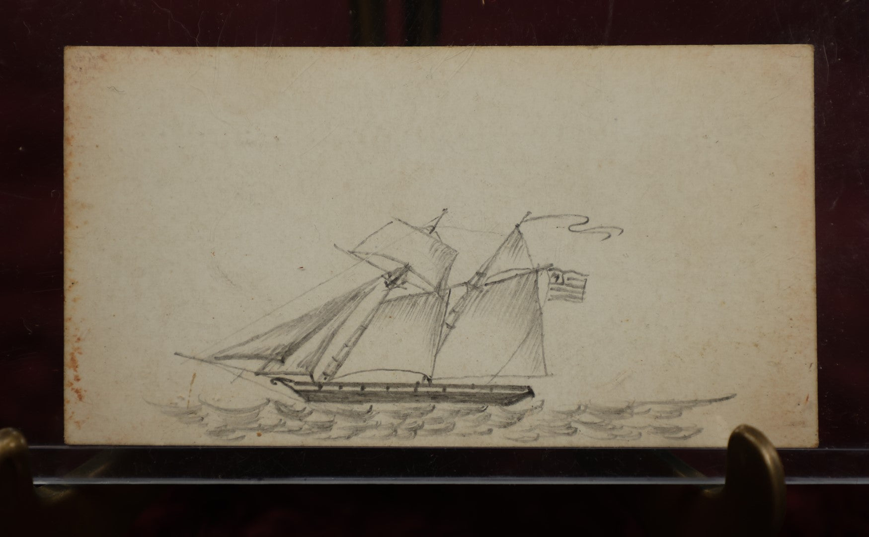 Lot 120 - Sailing Ship With Flag, Circa 1840, Signed John Kent, With Middle Initial, Of Franklin, New Hampshire (Facing Left)