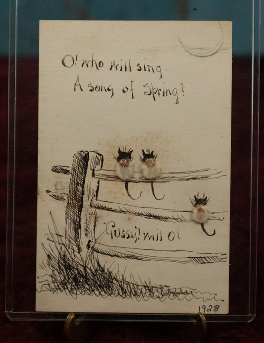 Lot 123 - Antique Hand Drawn Pen And Ink Folk Art Postcard With Pussy Willows, "O! Who Will Sing A Song Of Spring? Pussy! Will O!," Dated 1928