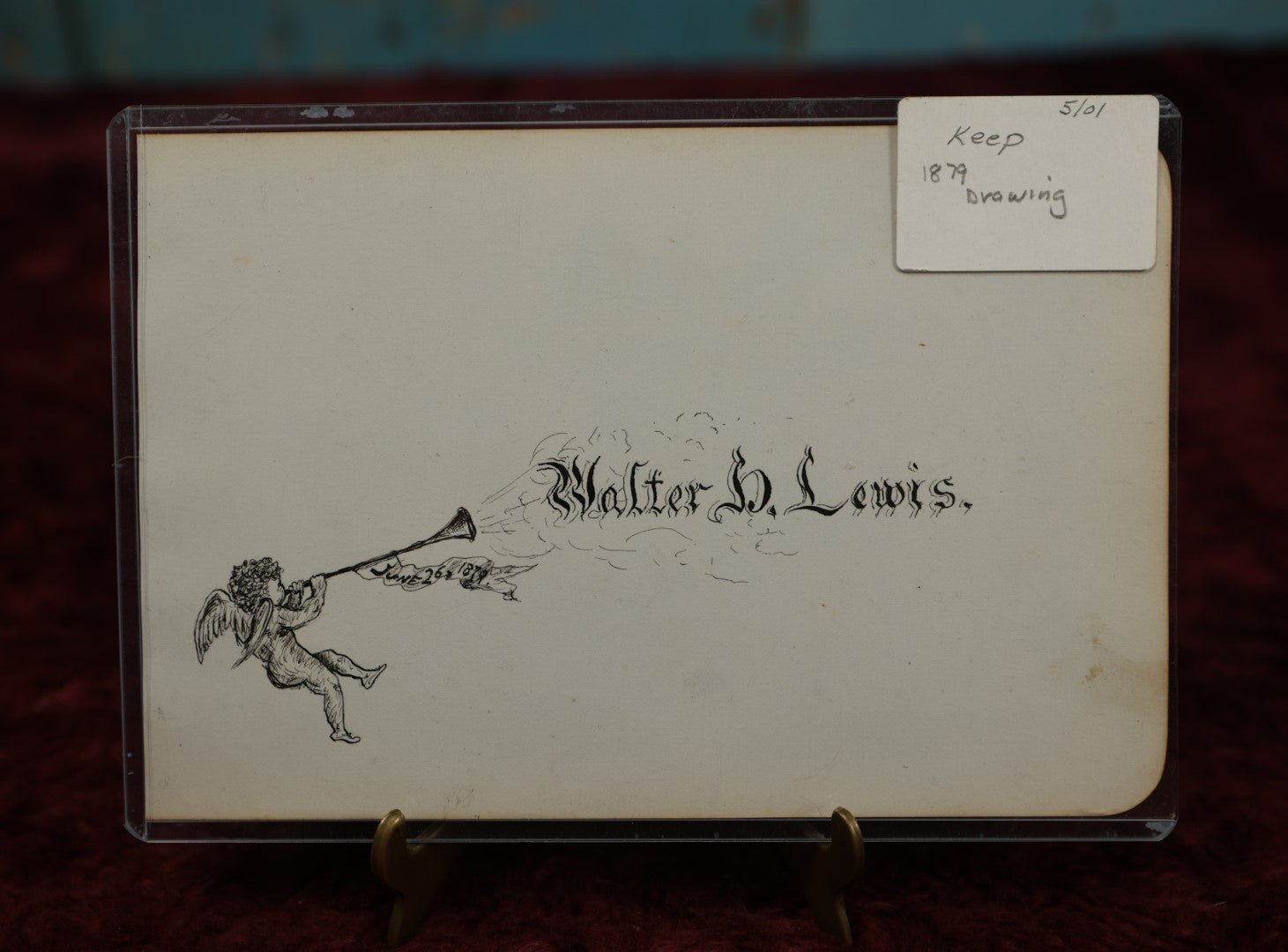 Lot 124 - Antique Hand Drawn Pen And Ink Calligraphy Calling Card For Walter D. Lewis, With Angel Blowing Trumpet, Dated June 26, 1879