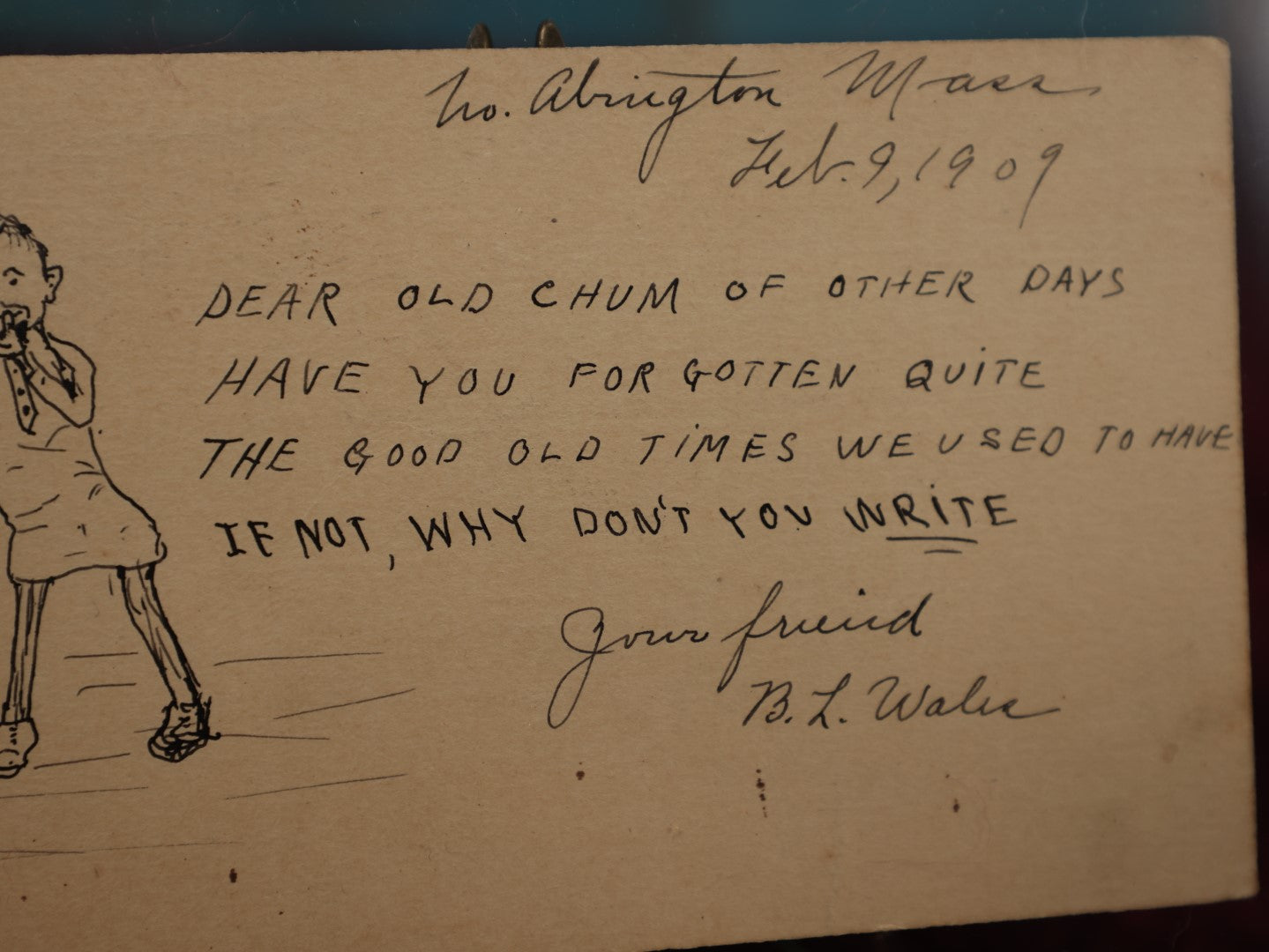 Lot 125 - Hand Drawn Pen And Ink Postcard "Dear Old Chum," Arlington Massachusetts, To Kappa Sigma Home Fraternity, Amherst, Likely Umass Amherst 1909/1910