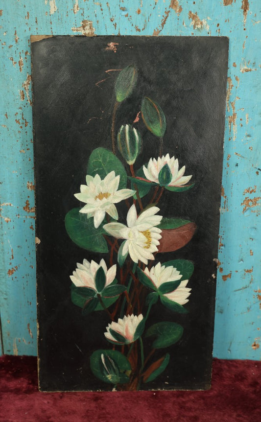 Lot 127 - Antique Naive Hand Painted Oil On Board Of Lotus Flowers, No Frame, Note Losses, Dings