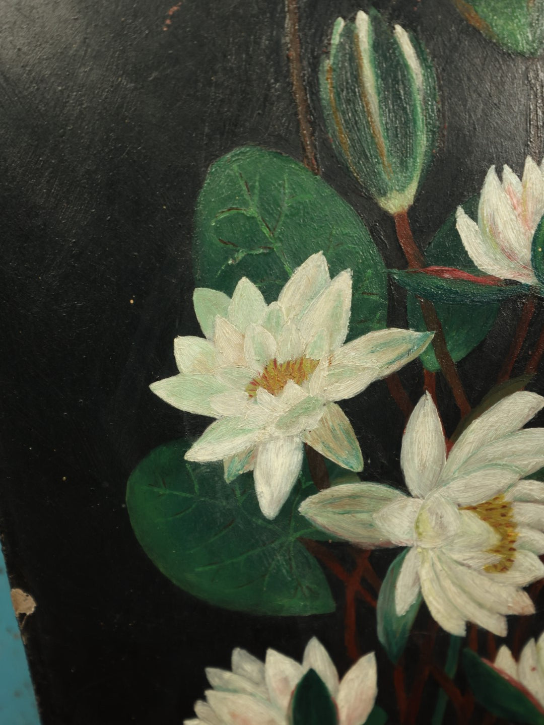 Lot 127 - Antique Naive Hand Painted Oil On Board Of Lotus Flowers, No Frame, Note Losses, Dings