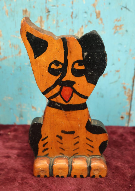 Lot 128 - Antique Folk Art Boston Terrier With Tongue Sticking Out, One Ear Up, One Ear Down Wooden Wood Cut Doorstop