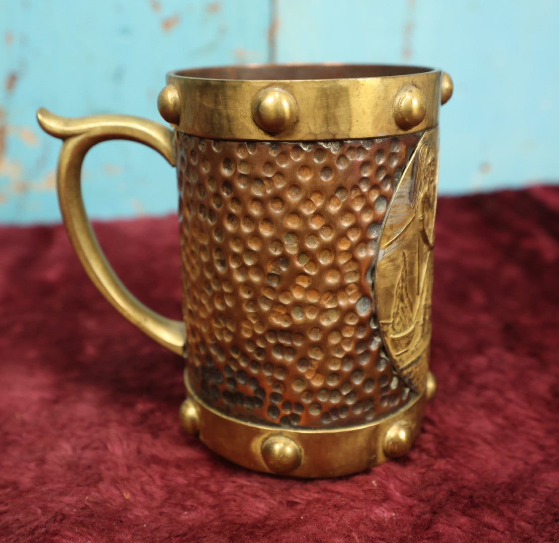 Lot 134 - Vintage Hammered Copper Aztec Inspired Mexican Mug Stein With Pyramids, Warrior