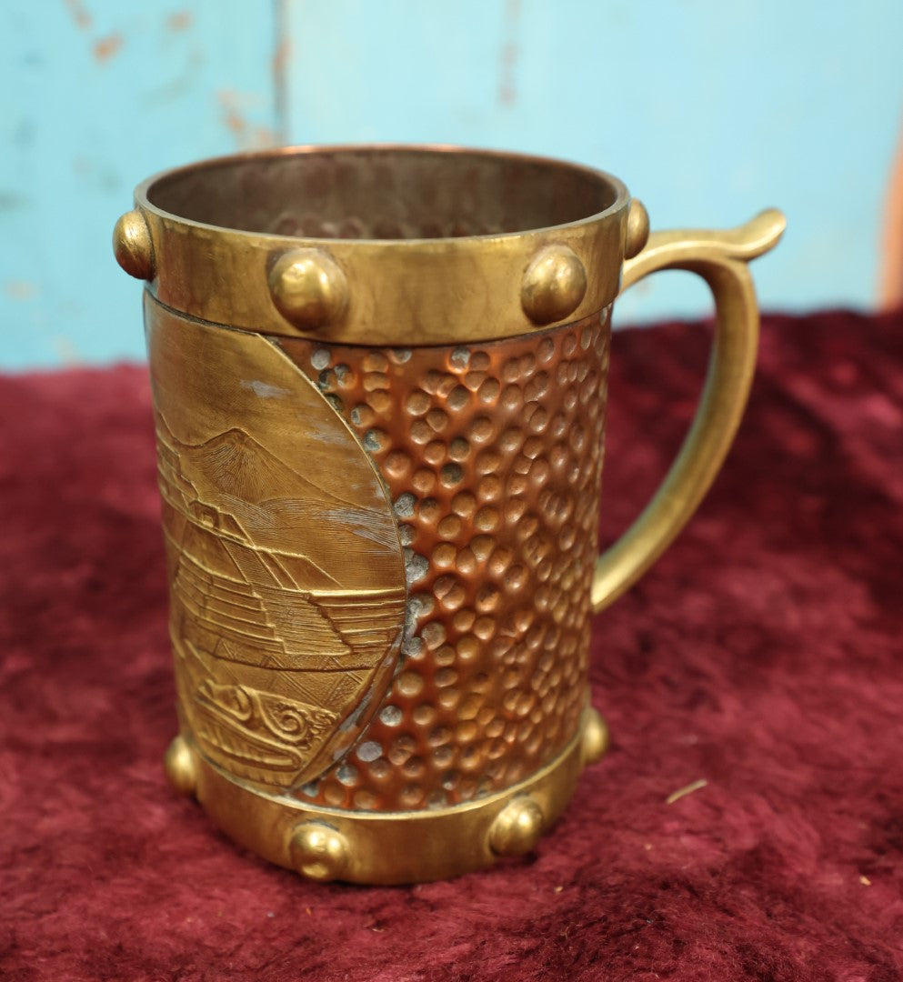 Lot 134 - Vintage Hammered Copper Aztec Inspired Mexican Mug Stein With Pyramids, Warrior