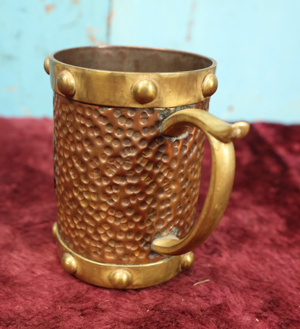 Lot 134 - Vintage Hammered Copper Aztec Inspired Mexican Mug Stein With Pyramids, Warrior