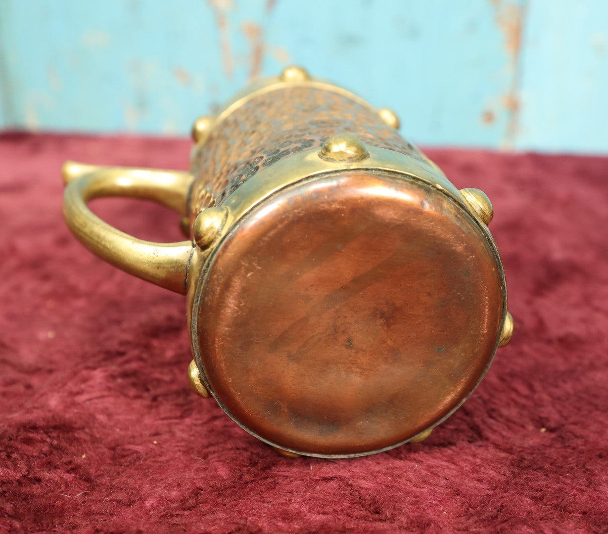 Lot 134 - Vintage Hammered Copper Aztec Inspired Mexican Mug Stein With Pyramids, Warrior