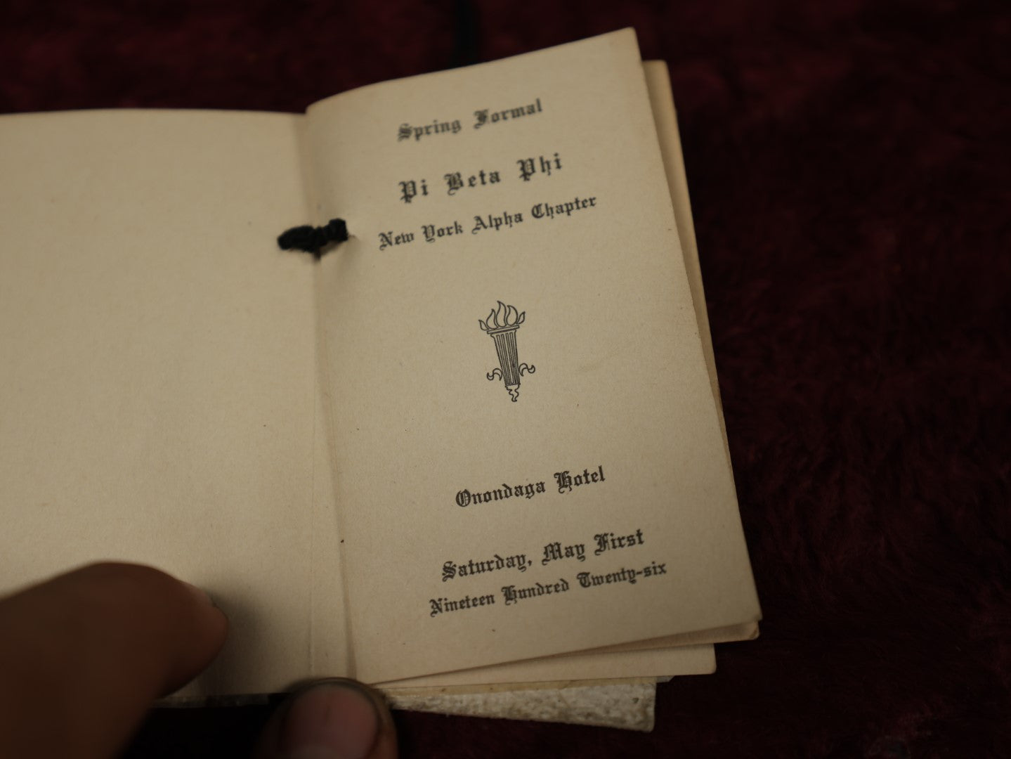 Lot 138 - Antique Pi Beta Pi Fraternity New York Alpha Chapter Spring Formal Dance Booklet, Saturday May First, 1926, Onondaga Hotel, Note Spiderweb Wax Paper, Pages Loosening