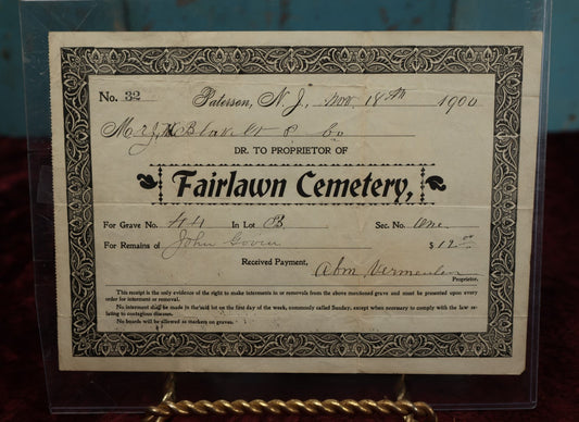 Lot 144 - Antique Fairlawn Cemetery, Patterson, New Jersey, Receipt For Purchase Of Grave, 1900