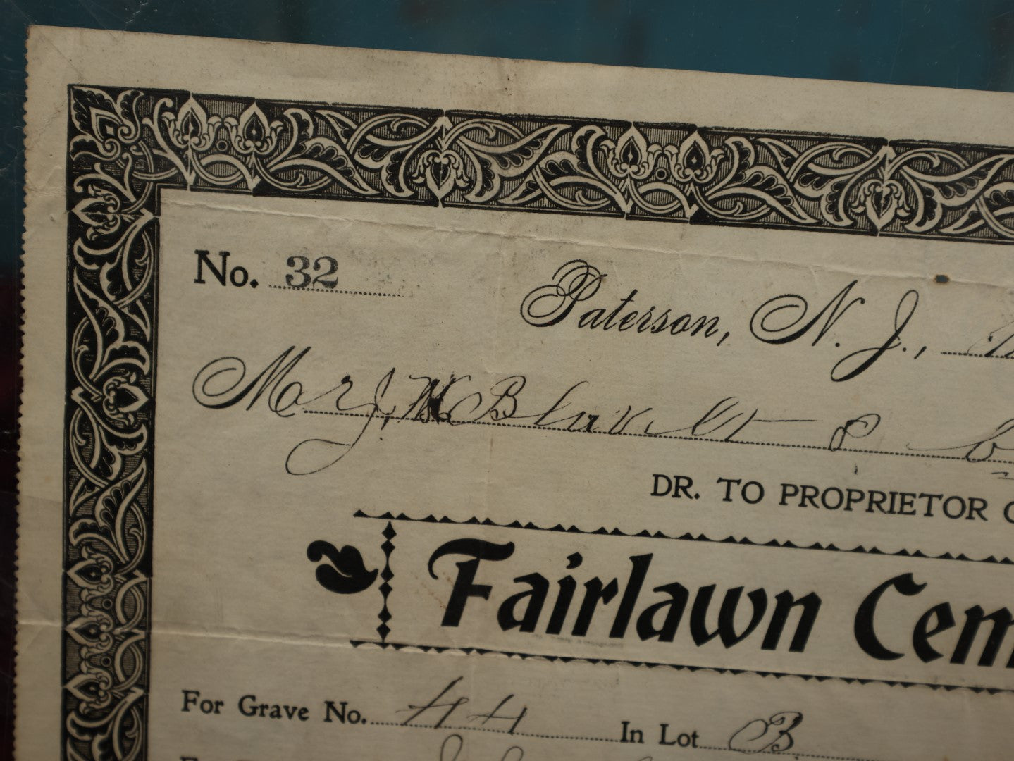 Lot 144 - Antique Fairlawn Cemetery, Patterson, New Jersey, Receipt For Purchase Of Grave, 1900