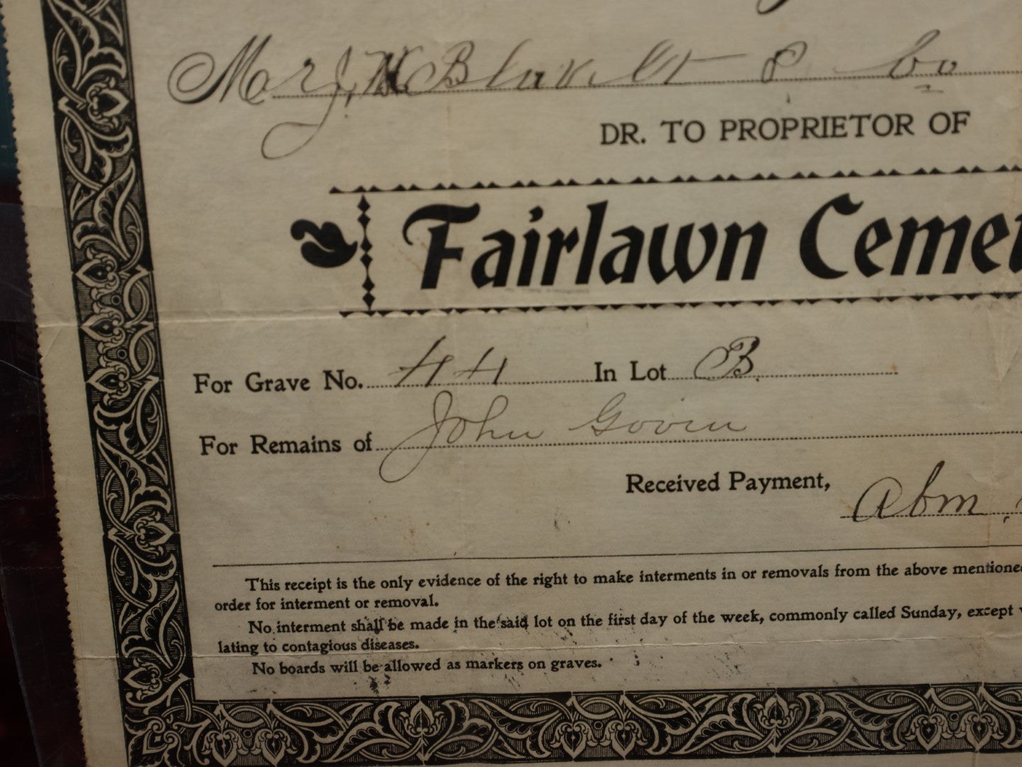 Lot 144 - Antique Fairlawn Cemetery, Patterson, New Jersey, Receipt For Purchase Of Grave, 1900