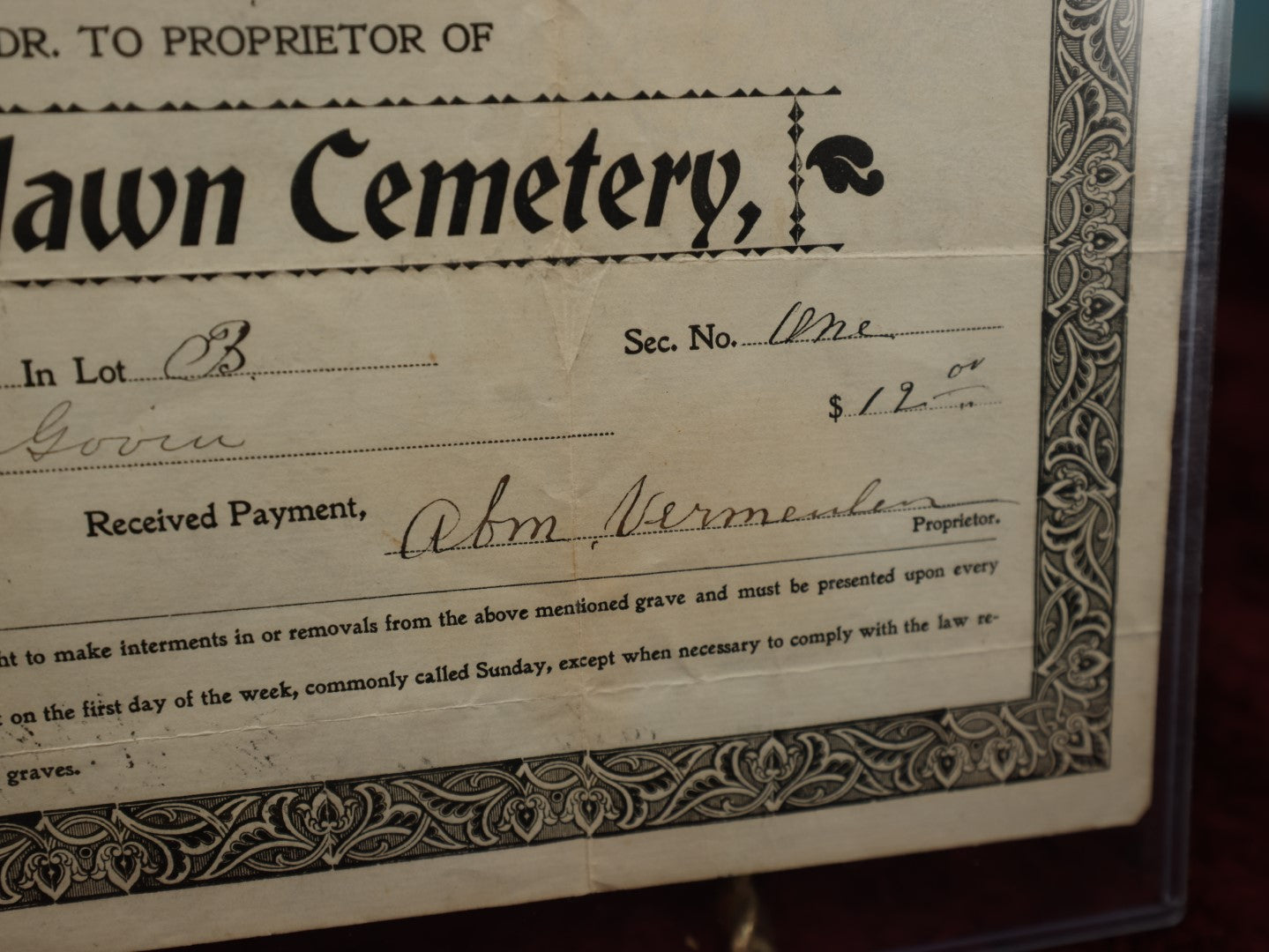 Lot 144 - Antique Fairlawn Cemetery, Patterson, New Jersey, Receipt For Purchase Of Grave, 1900