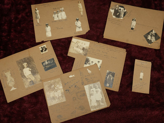 Lot 154 - Grouping Of Five Plus Pages From Photo Scrapbook Of Young Children With Pencil Writing, Small Illustrations, Including Dog's Grave, Photos Of Twins, Early 20th Century