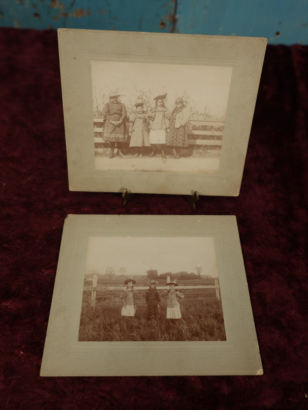 Lot 157 - Pair Of Boarded Photos, Group Of Children By Corn Field, On Farm, Identified On Back, Circa October 1896