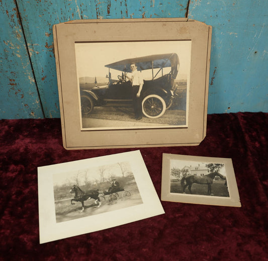 Lot 160 - Grouping Of Three Transportation Related Photos - Man With Early Automobile, Man On Horse And Buggy, And Horse In Front Of House, Including By Haas Photographer Of New York