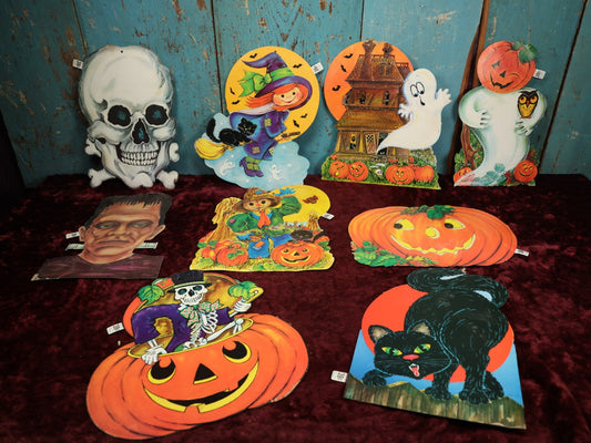 Lot 164 - Grouping Of Nine Vintage Carrington Halloween Die Cut Card Board Paper Decorations, Original Prices 39 Cents Each, Leominster, Massachusetts, Including Frankenstein, Black Cat, Skull, And More