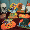 Lot 164 - Grouping Of Nine Vintage Carrington Halloween Die Cut Card Board Paper Decorations, Original Prices 39 Cents Each, Leominster, Massachusetts, Including Frankenstein, Black Cat, Skull, And More