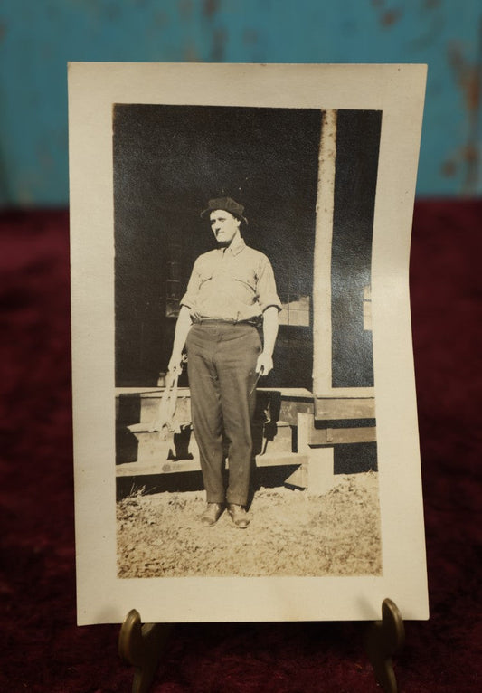 Lot 171 - Single Snapshot Photo - Young Man Holding De-Feathered Chicken And Knife... Or Is That A Doll