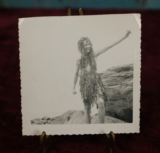 Lot 173 - Single Snapshot Photo - Young Boy Or Girl On The Coast Wearing Sea Weed As Hair, Skirt