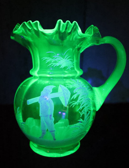 Lot 001 - Antique Hand-Blown Uranium Glass Pitcher With Hand Painted Gnome Elf Carrying Mushroom, Signed England 1917