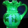 Lot 001 - Antique Hand-Blown Uranium Glass Pitcher With Hand Painted Gnome Elf Carrying Mushroom, Signed England 1917