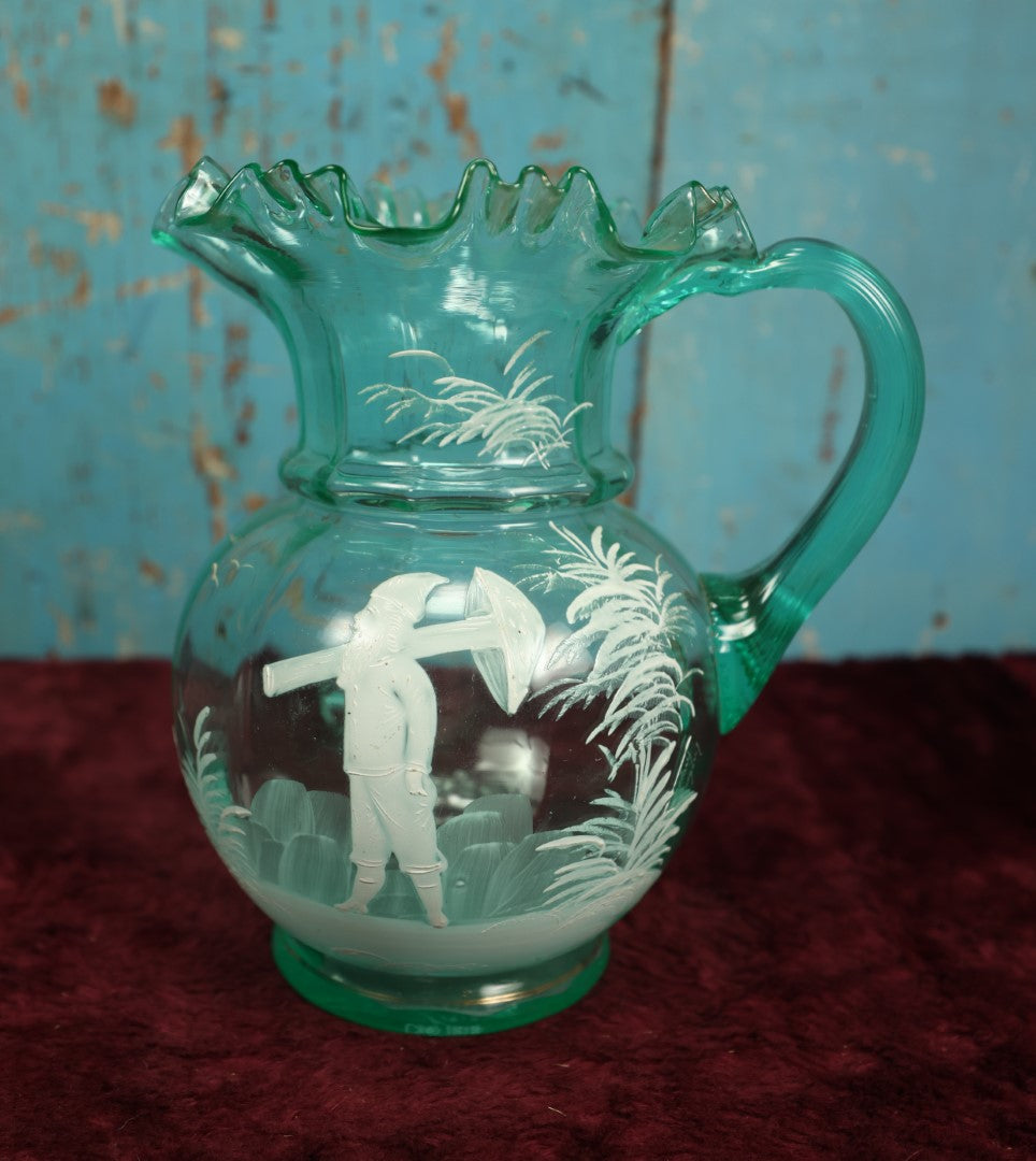 Lot 001 - Antique Hand-Blown Uranium Glass Pitcher With Hand Painted Gnome Elf Carrying Mushroom, Signed England 1917