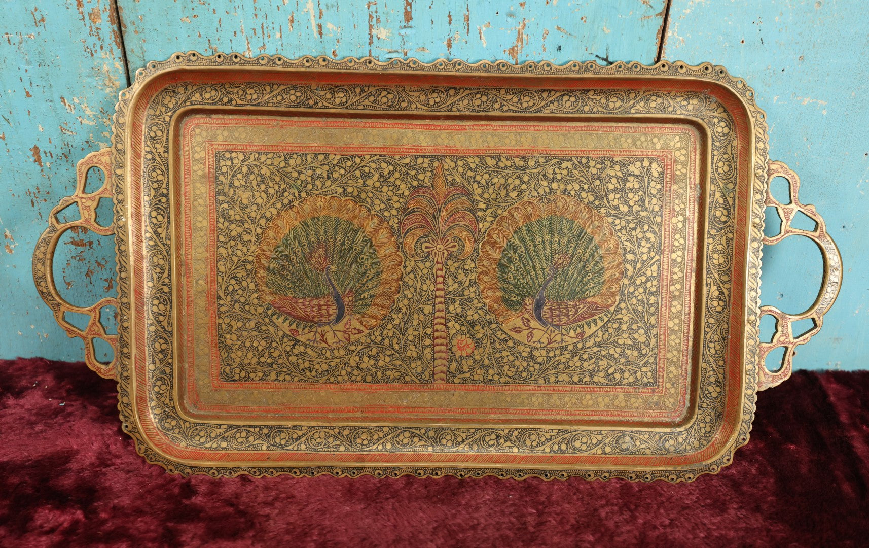 Lot 008 - Vintage Painted Brass Tray With Peacocks On Either Side, Marked Made In India