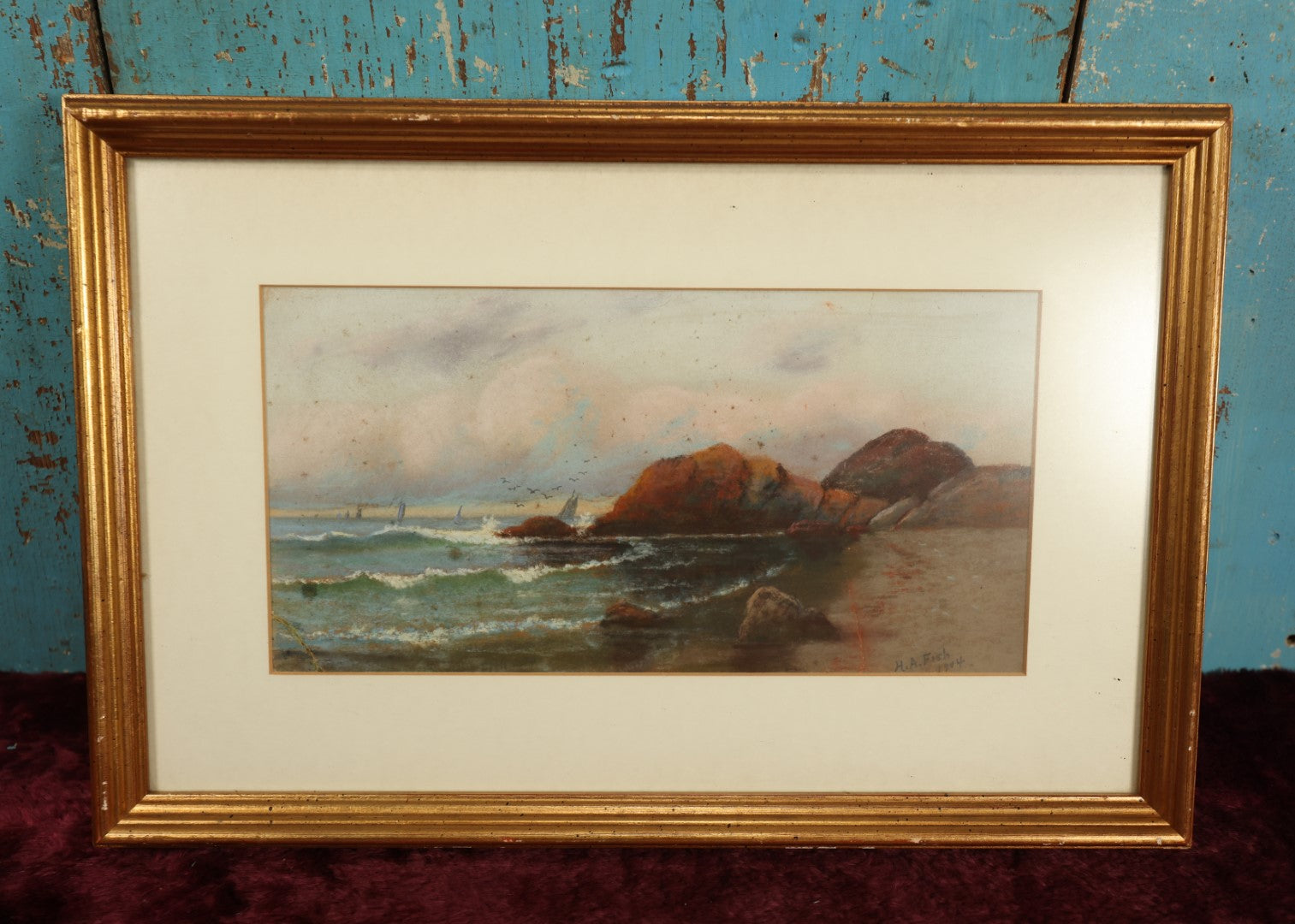 Lot 009 - Antique Original Seascape Harbor Scene Painting, Sailboats And Sea Birds, Signed H.A. Fish, 1904, Modern Framing, Note Break In Painted Board