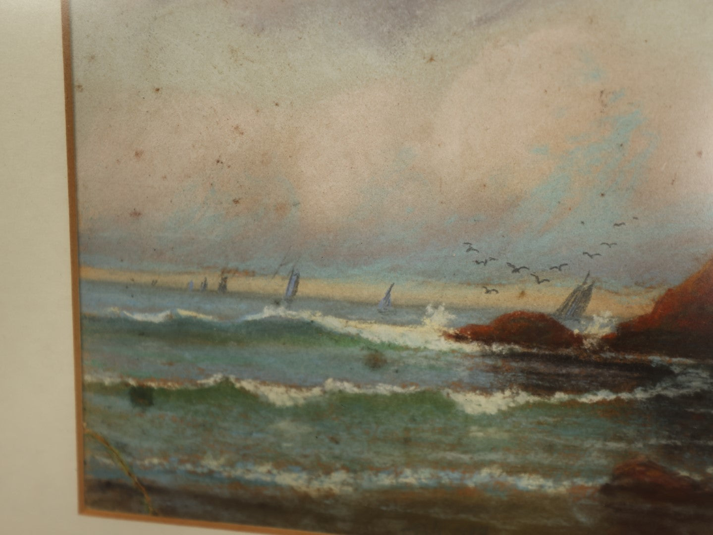 Lot 009 - Antique Original Seascape Harbor Scene Painting, Sailboats And Sea Birds, Signed H.A. Fish, 1904, Modern Framing, Note Break In Painted Board