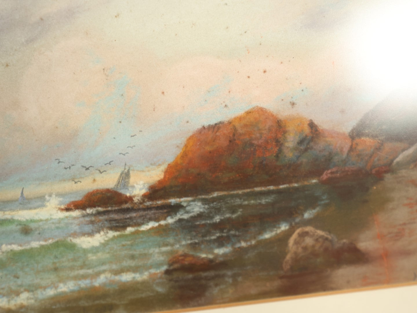 Lot 009 - Antique Original Seascape Harbor Scene Painting, Sailboats And Sea Birds, Signed H.A. Fish, 1904, Modern Framing, Note Break In Painted Board