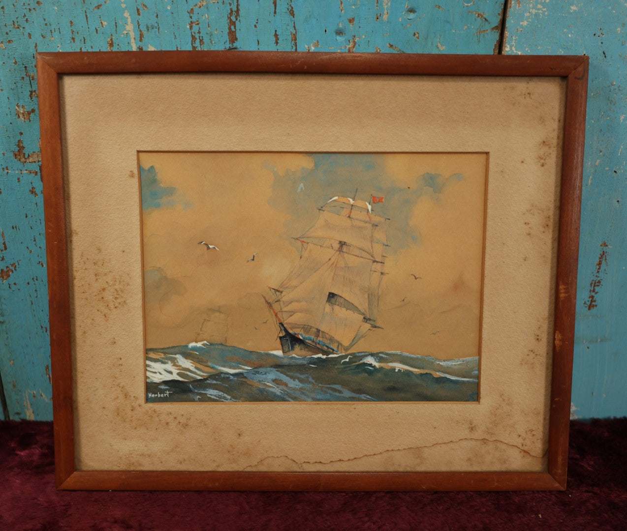 Lot 010 - Antique Seascape Painting Of Tall Ship Clipper Ship At Sea With White Waves, Signed Herbert, Note Water Damage To Mat, Framed By Butts Picture Framing