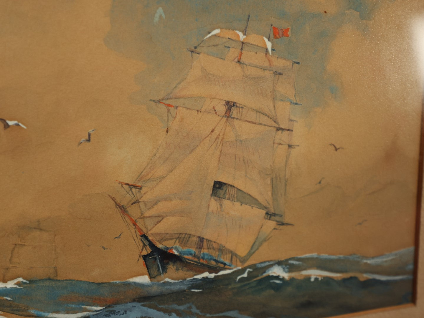 Lot 010 - Antique Seascape Painting Of Tall Ship Clipper Ship At Sea With White Waves, Signed Herbert, Note Water Damage To Mat, Framed By Butts Picture Framing