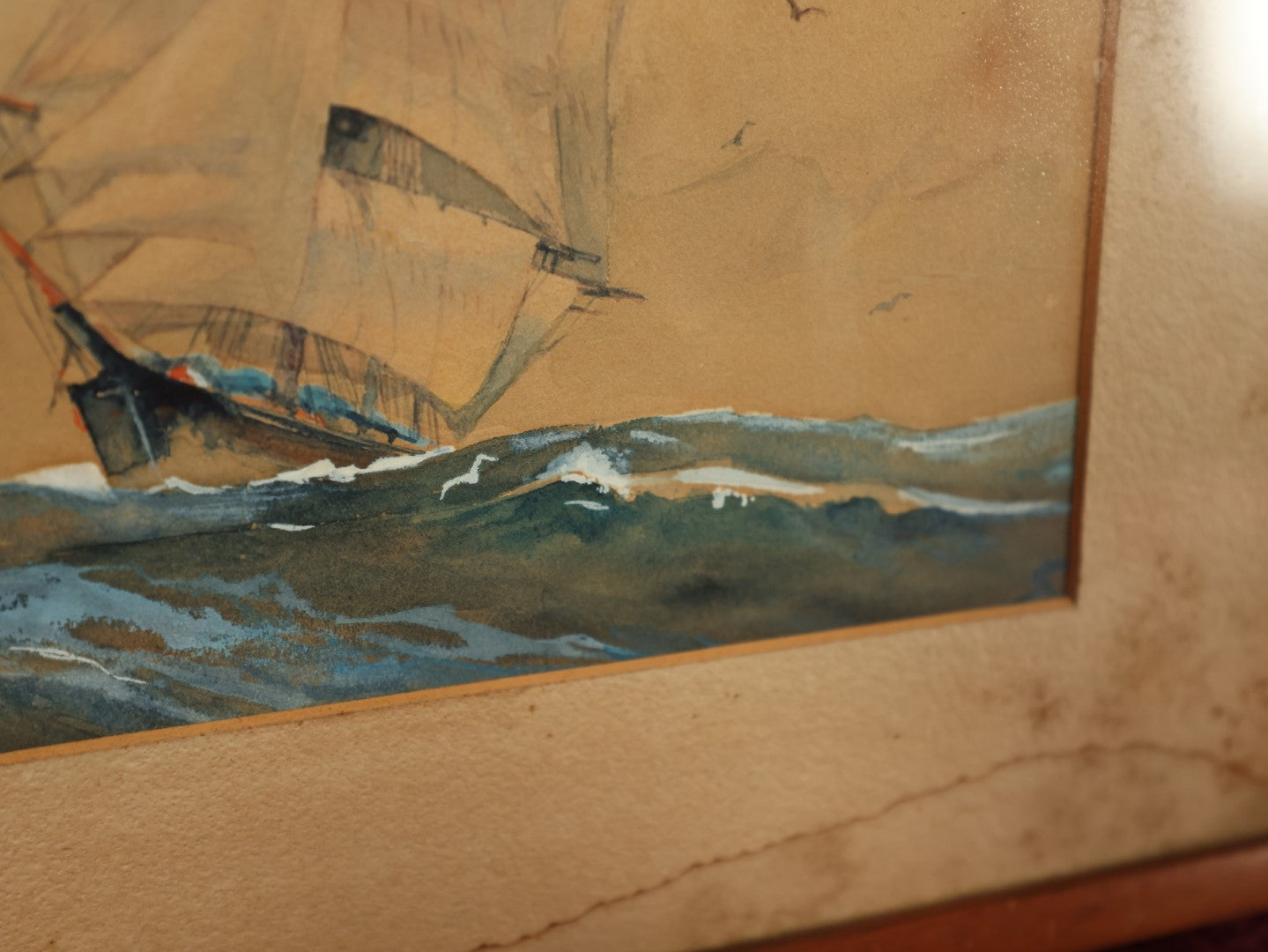 Lot 010 - Antique Seascape Painting Of Tall Ship Clipper Ship At Sea With White Waves, Signed Herbert, Note Water Damage To Mat, Framed By Butts Picture Framing