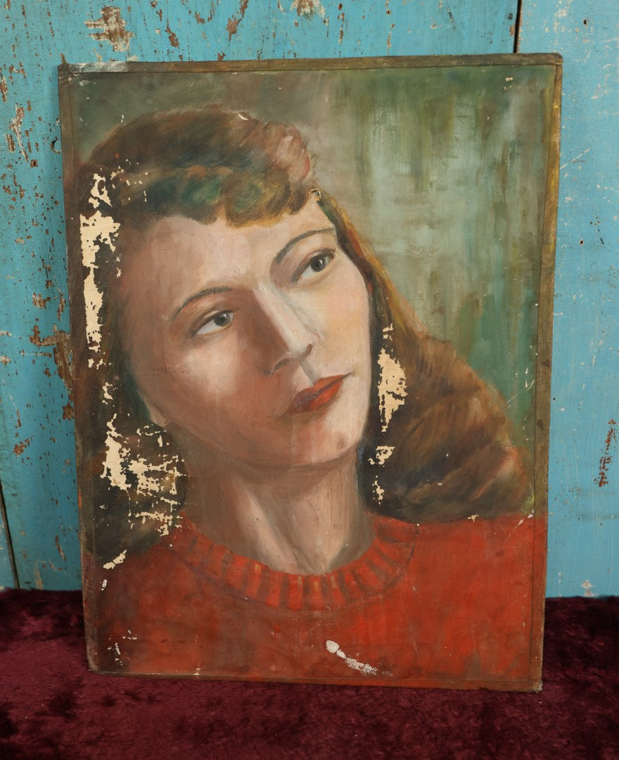 Lot 012 - Vintage Original Portrait Painting Of Pretty Woman With Red Lipstick, Red Sweater, Note Losses To Paint, Flaking, On Board, Signed Paula Halm (?), Hamburg, Pennsylvania 