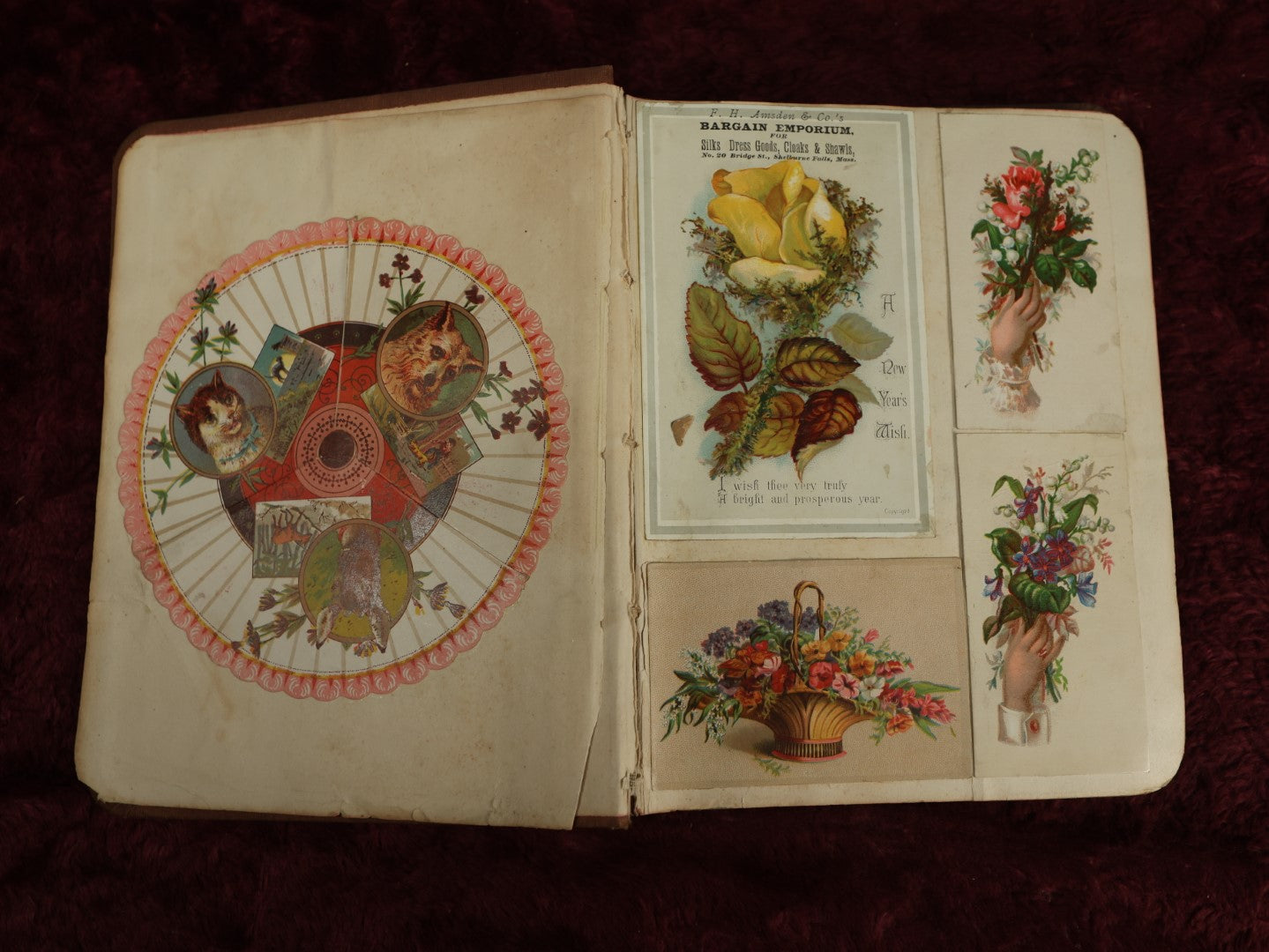 Lot 016 - Antique Victorian Scrapbook Album With Trade Cards, Die Cuts, Including Large Card With Frog, Dog, Many Cats, And More