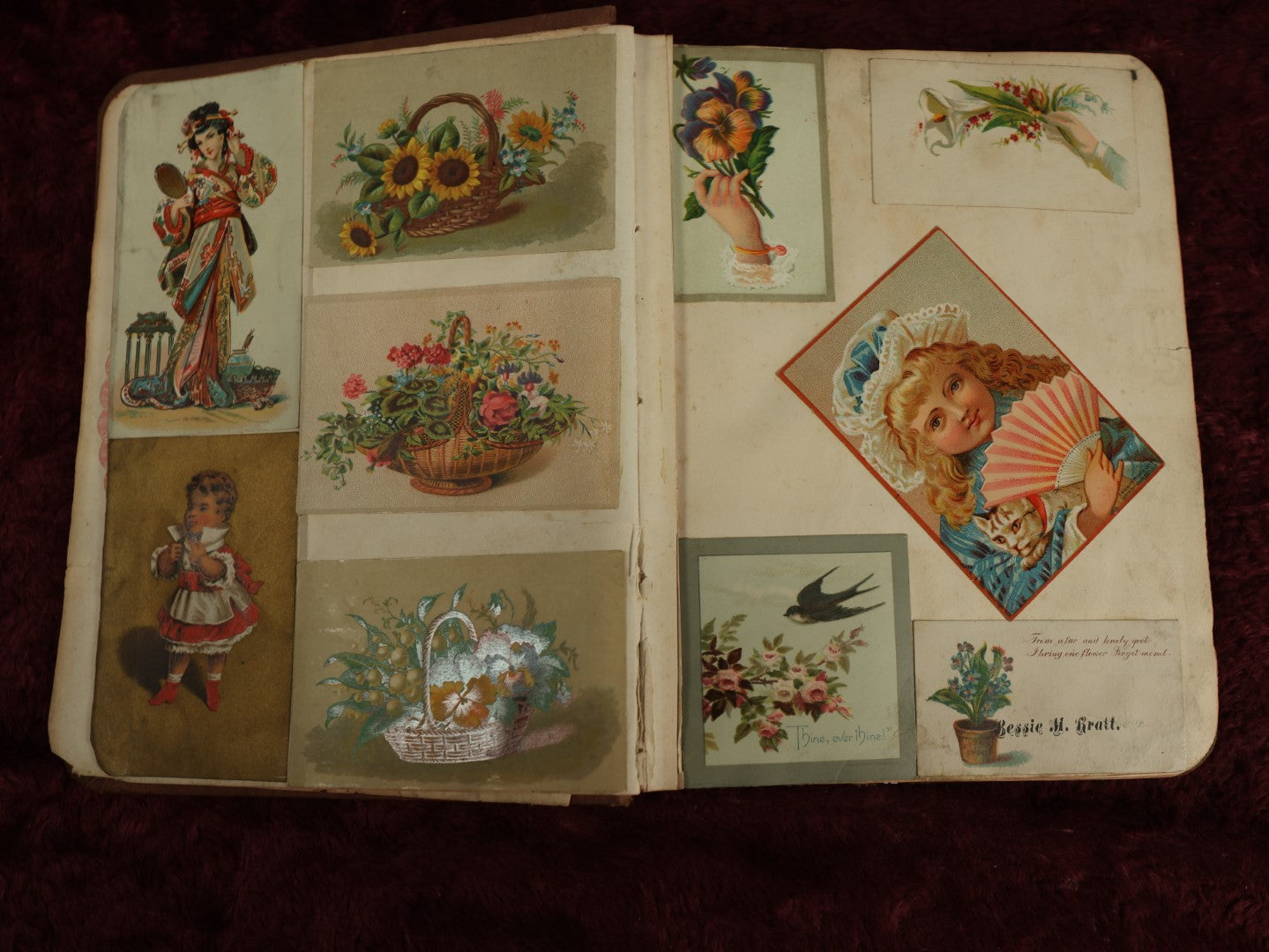 Lot 016 - Antique Victorian Scrapbook Album With Trade Cards, Die Cuts, Including Large Card With Frog, Dog, Many Cats, And More