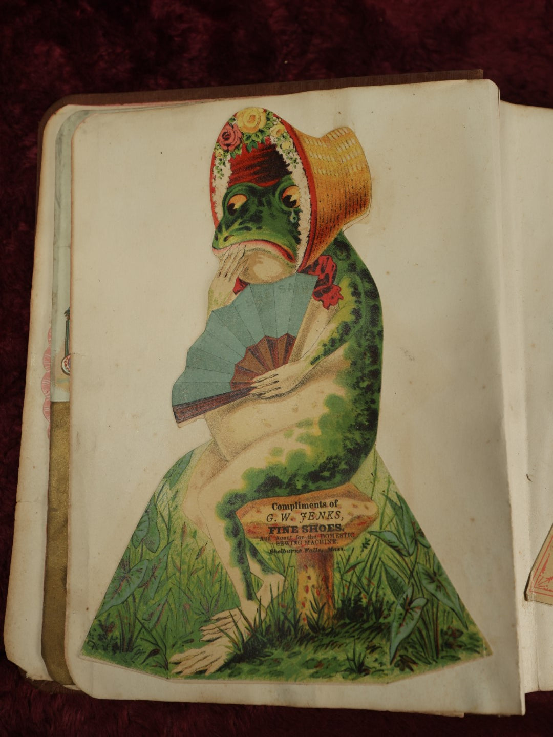 Lot 016 - Antique Victorian Scrapbook Album With Trade Cards, Die Cuts, Including Large Card With Frog, Dog, Many Cats, And More