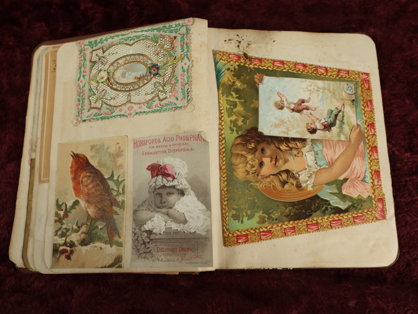 Lot 016 - Antique Victorian Scrapbook Album With Trade Cards, Die Cuts, Including Large Card With Frog, Dog, Many Cats, And More