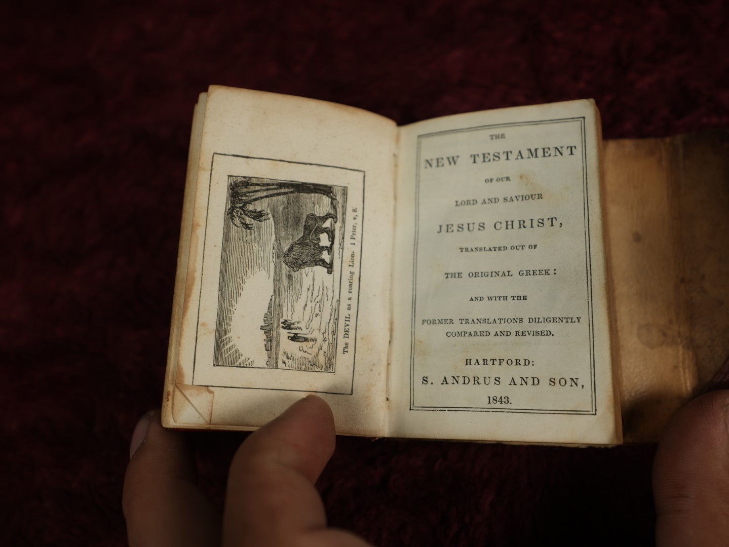 Lot 018 - Antique Red Leather Bound New Testament Miniature Personal Bible Belonging To Hannah F. Piper, Published By S. Andrus And Son, Hartford, 1843, Containing Engraving Of "The Devil As A Roaring Lion"