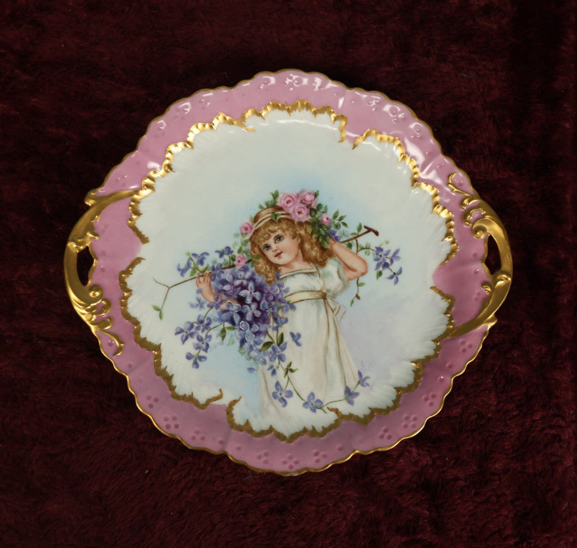 Lot 025 - Antique Hand Painted Plate With Painting Of Little Blonde Girl, Purple Flowers, William Guerin & Co., Limoges, France