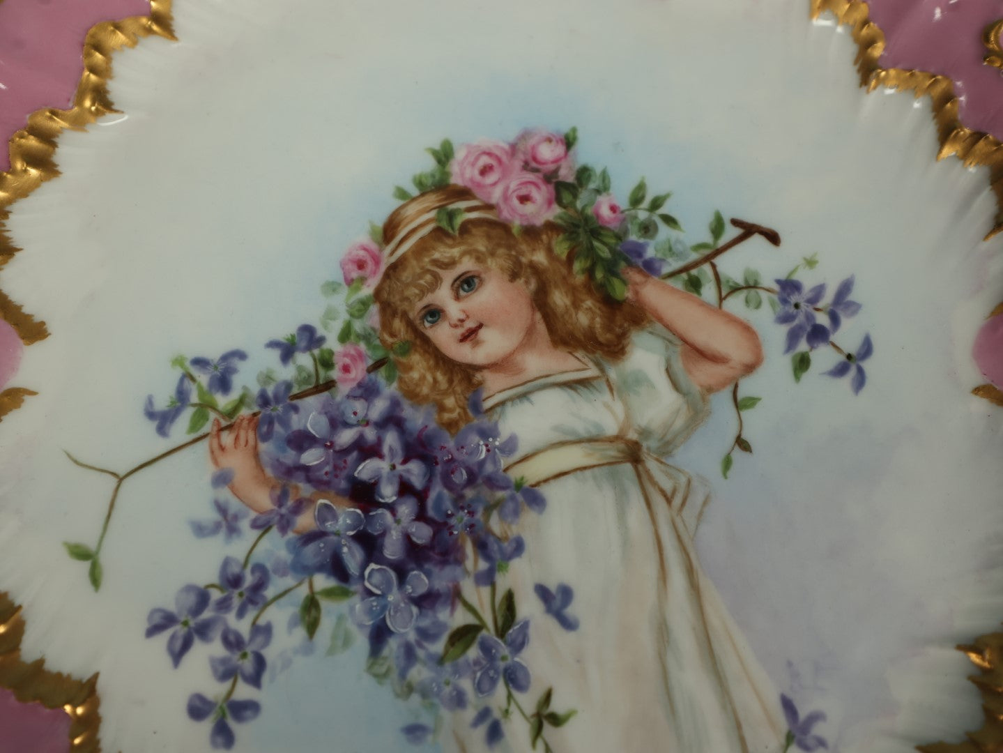 Lot 025 - Antique Hand Painted Plate With Painting Of Little Blonde Girl, Purple Flowers, William Guerin & Co., Limoges, France