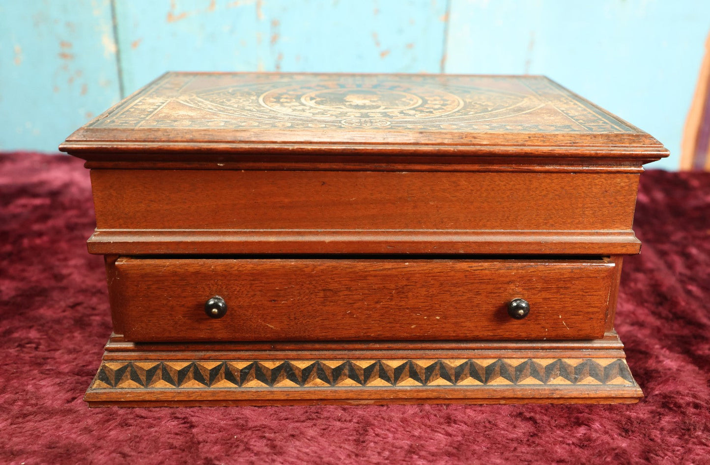 Lot 027 - Vintage Wooden Jewelry Box With Intricate Design, Inlay Styling, Lift Top With Drawer, Green Lining