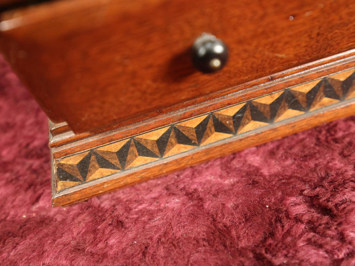 Lot 027 - Vintage Wooden Jewelry Box With Intricate Design, Inlay Styling, Lift Top With Drawer, Green Lining