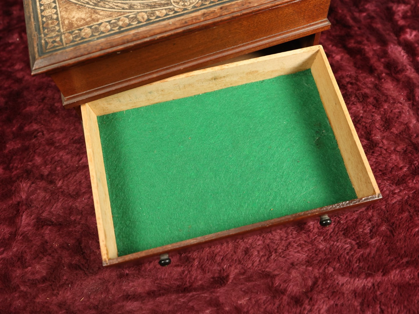 Lot 027 - Vintage Wooden Jewelry Box With Intricate Design, Inlay Styling, Lift Top With Drawer, Green Lining